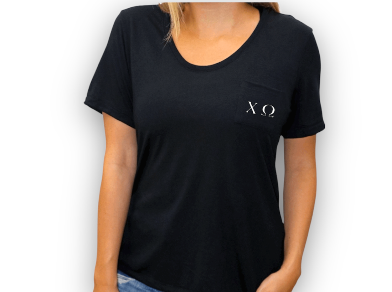 Black Chi Omega Pocket Tee